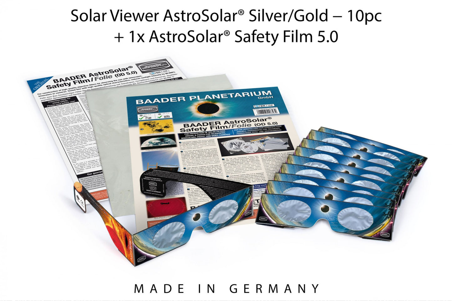 Sólmyrkvagleraugu (10 stk) + 1 stk AstroSolar® sólarsía (A4 örk)